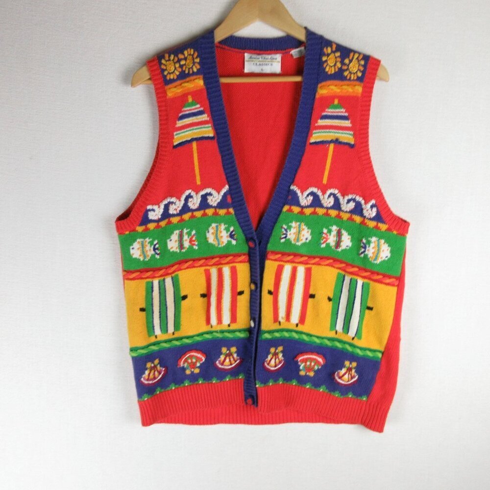 Marisa Christina Vintage Cardigan Beach Ocean Size L Umbrella Fish Sun Waves